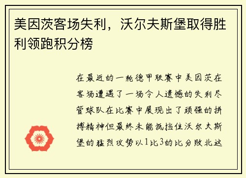 美因茨客场失利，沃尔夫斯堡取得胜利领跑积分榜