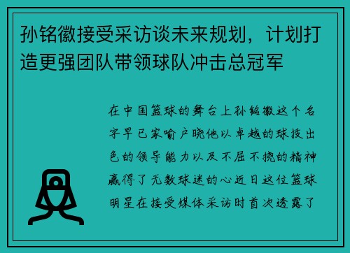孙铭徽接受采访谈未来规划,计划打造更强团队带领球队冲击总冠军