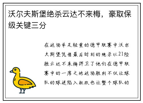 沃尔夫斯堡绝杀云达不来梅，豪取保级关键三分