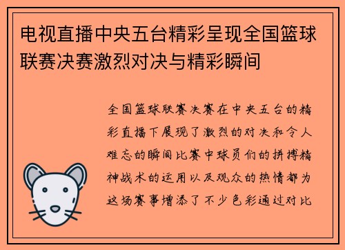 电视直播中央五台精彩呈现全国篮球联赛决赛激烈对决与精彩瞬间