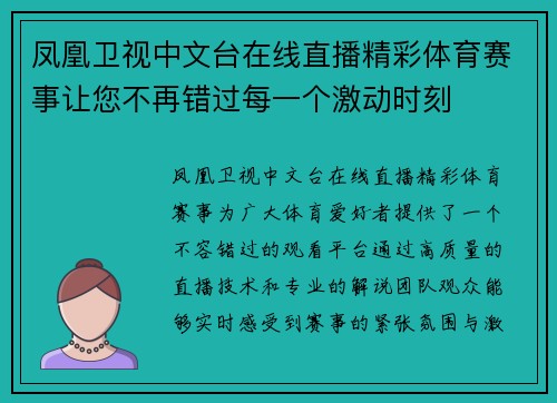 凤凰卫视中文台在线直播精彩体育赛事让您不再错过每一个激动时刻