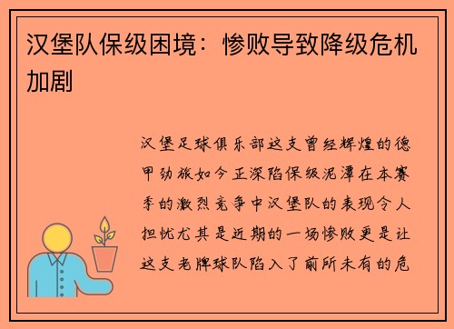 汉堡队保级困境：惨败导致降级危机加剧