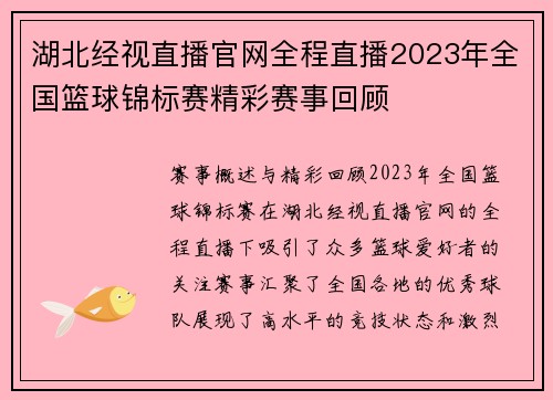 湖北经视直播官网全程直播2023年全国篮球锦标赛精彩赛事回顾