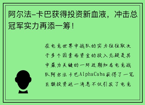 阿尔法-卡巴获得投资新血液，冲击总冠军实力再添一筹！